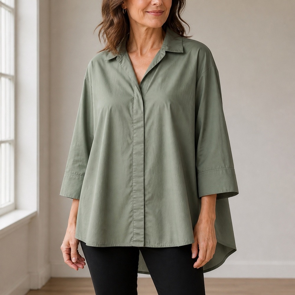 Martha Stewart Button Down Shirt 1X Olive Green Excellent 3/4 Sleeve (2327)